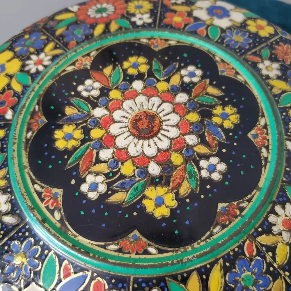 Vintage Floral Cloisonné Like Tin Metal Container With Lid Colorful 8